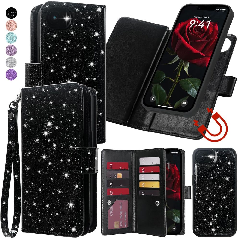 IPhone 17e/IPhone 16e Wallet Case, Glitter Leather Wrist Strap, 20G-201PH004